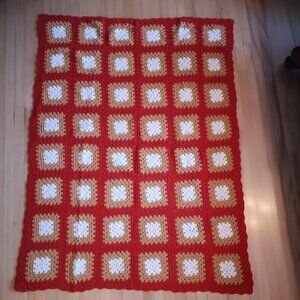 Homemade Crochet Granny Square Gold Ivory Red Afghan - Throw w/ Pillow Storage